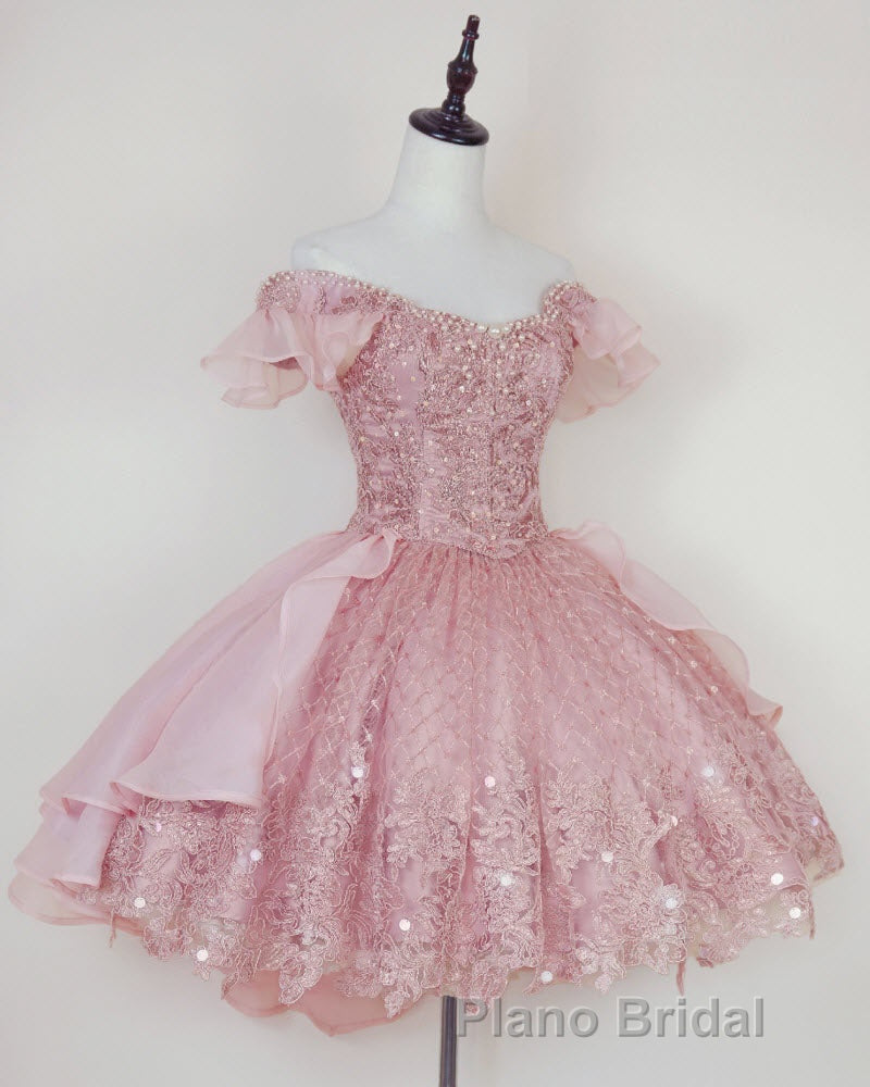 Pink Lace Homecoming Gown with Beading,Princess Off the Shoulder Hoco Dresses Secondary image