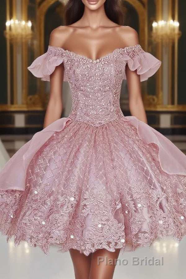 Pink Lace Homecoming Gown with Beading,Princess Off the Shoulder Hoco Dresses Main image