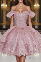 Pink Lace Homecoming Gown with Beading,Princess Off the Shoulder Hoco Dresses