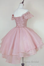 Pink Lace Homecoming Gown with Beading,Princess Off the Shoulder Hoco Dresses