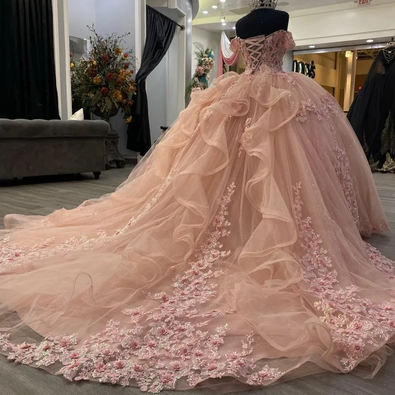 Pink Lace Long Formal Prom Dresses, Ball Gown Sweet 16 Dresses Secondary image