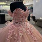 Pink Lace Long Formal Prom Dresses, Ball Gown Sweet 16 Dresses