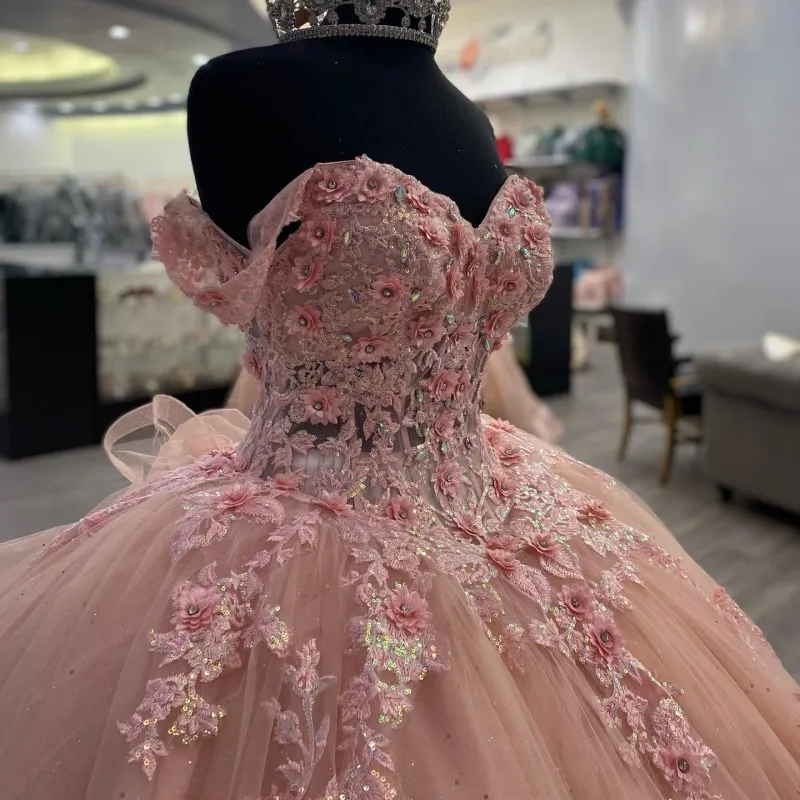 Pink Lace Long Formal Prom Dresses, Ball Gown Sweet 16 Dresses