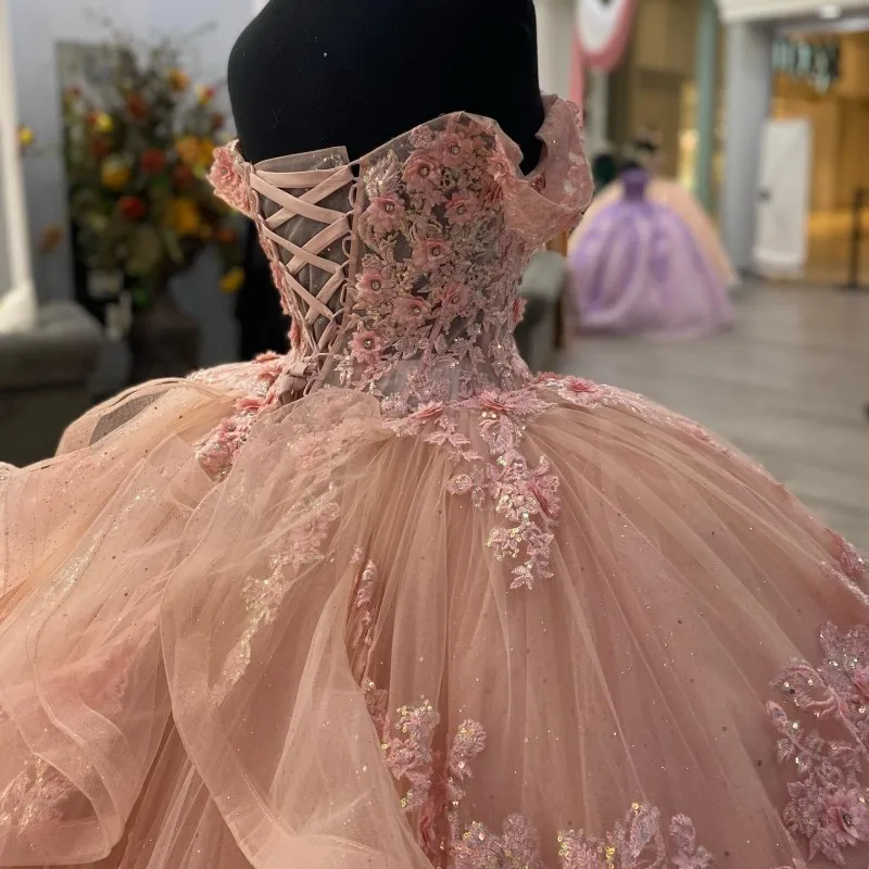 Pink Lace Long Formal Prom Dresses, Ball Gown Sweet 16 Dresses