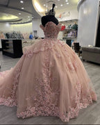 Pink Lace Long Formal Prom Dresses, Ball Gown Sweet 16 Dresses