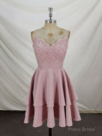 Pink Lace Satin Lace Short Prom Dress, Pink Homecoming Dresses