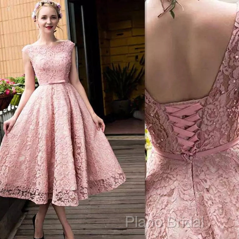 Pink Lace Tea Length Formal Dresses, Beautiful Pink Formal Prom Dresses, Lovely Party Dresses Secondary image