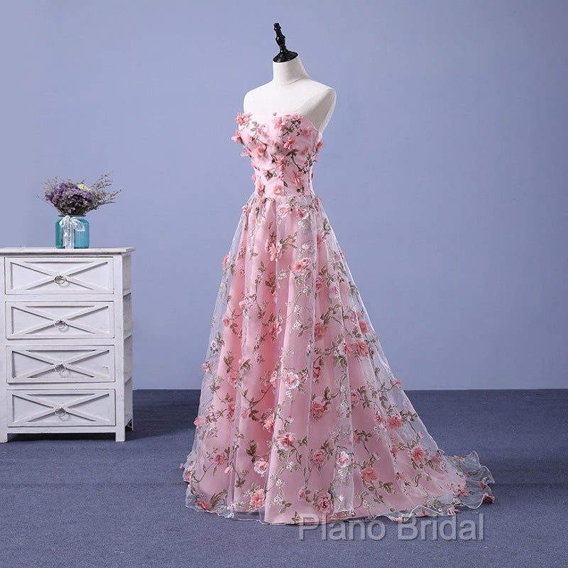 Pink Long A-Line Flowers Formal Dresses, Pink Party Dresses Formal Prom Dresses