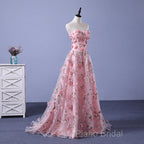 Pink Long A-Line Flowers Formal Dresses, Pink Party Dresses Formal Prom Dresses