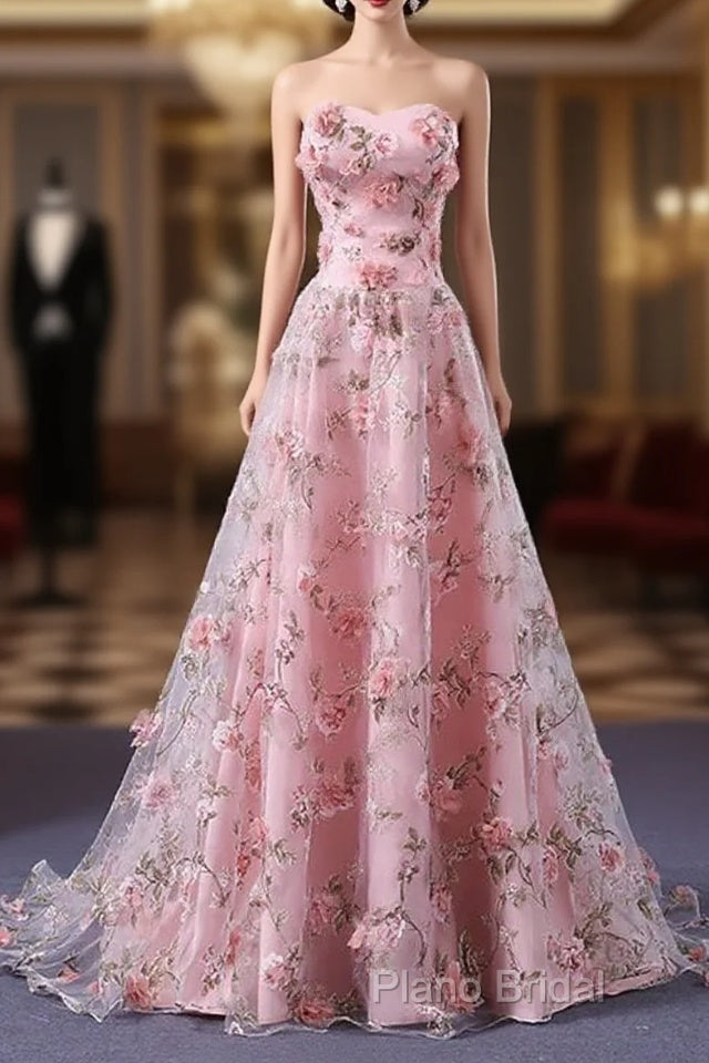 Pink Long A-Line Flowers Formal Dresses, Pink Party Dresses Formal Prom Dresses Main image