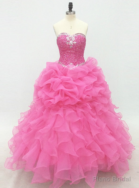 Pink Long Elegant Lace-Up Organza Prom Dress With Beaded Bodice Main image