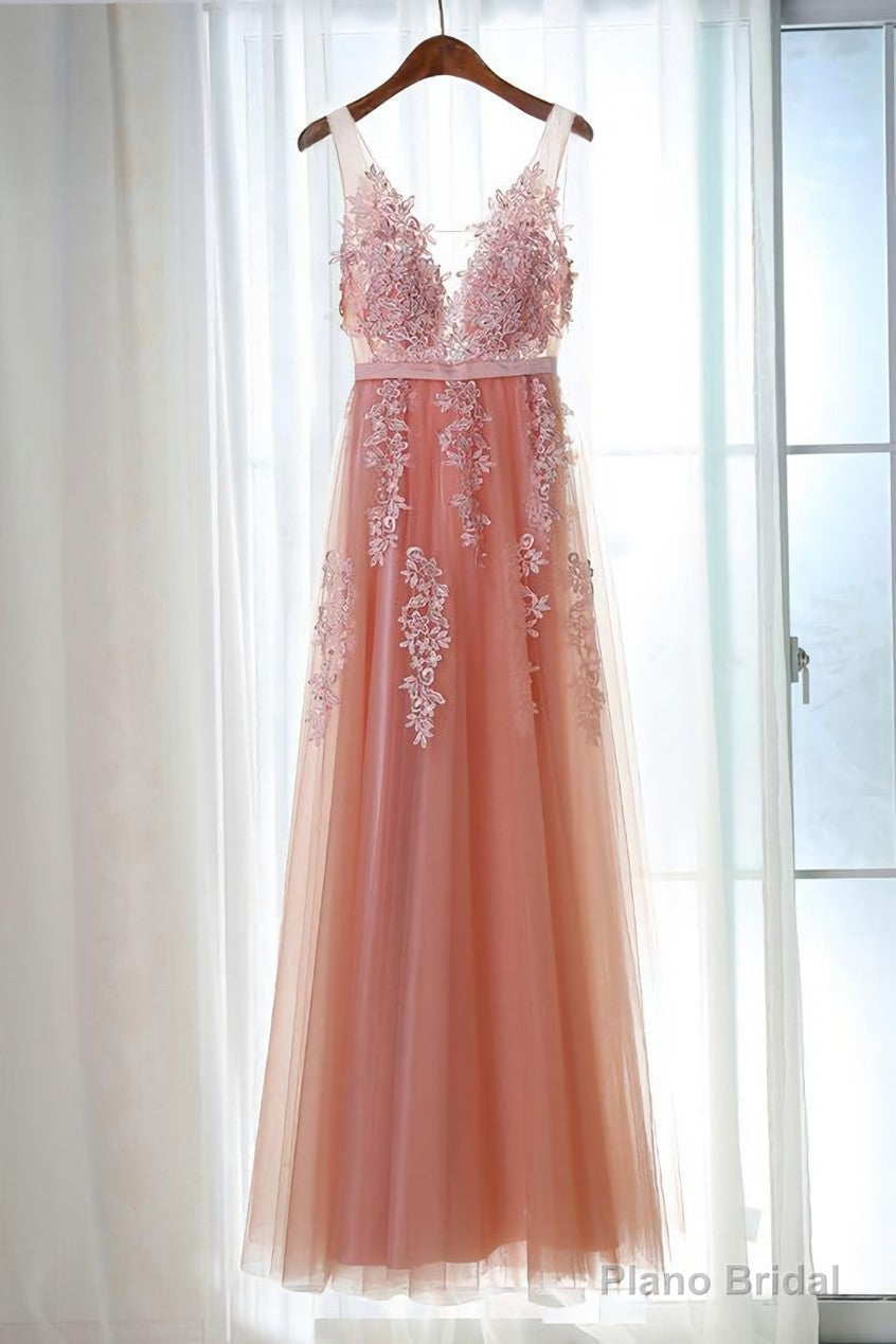 Pink Long New Prom Dress, Party Dress with Lace Applique Main image