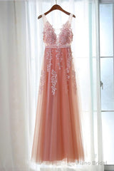 Pink Long New Prom Dress, Party Dress with Lace Applique