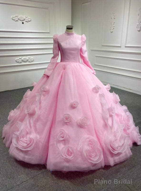 Pink Long Sleeve High Neck Prom Dress Main image