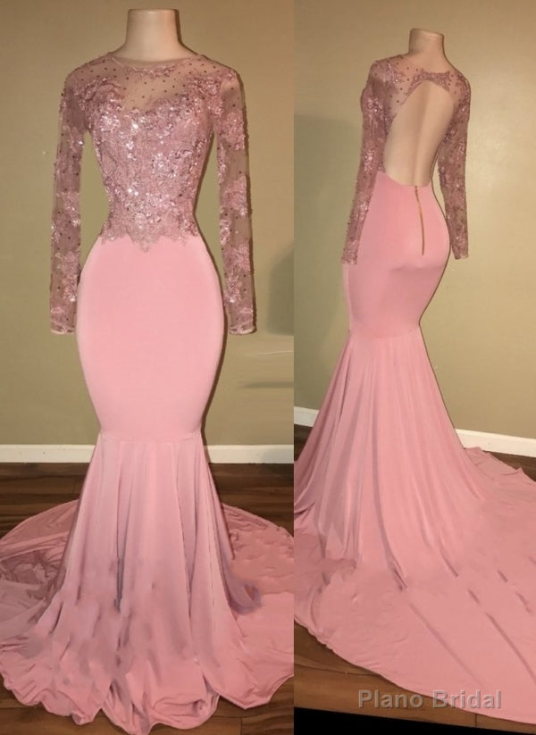 Pink Long-Sleeves Backless Beaded Mermaid Charming Prom Dresses Secondary image