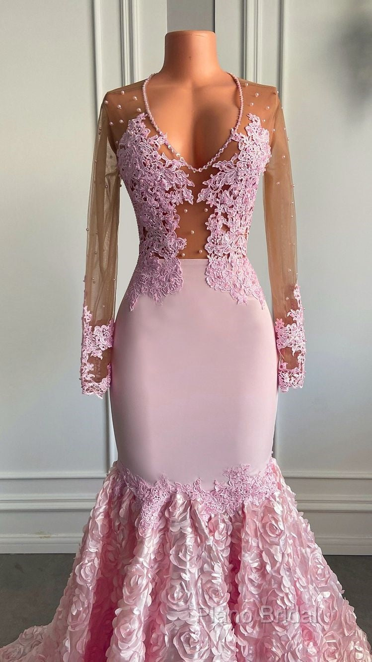 Pink Long Sleeves Lace Formal Prom Dresses Mermaid Tulle Formal Gown Secondary image
