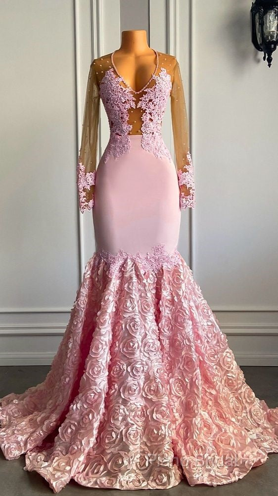Pink Long Sleeves Lace Formal Prom Dresses Mermaid Tulle Formal Gown