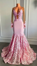 Pink Long Sleeves Lace Formal Prom Dresses Mermaid Tulle Formal Gown