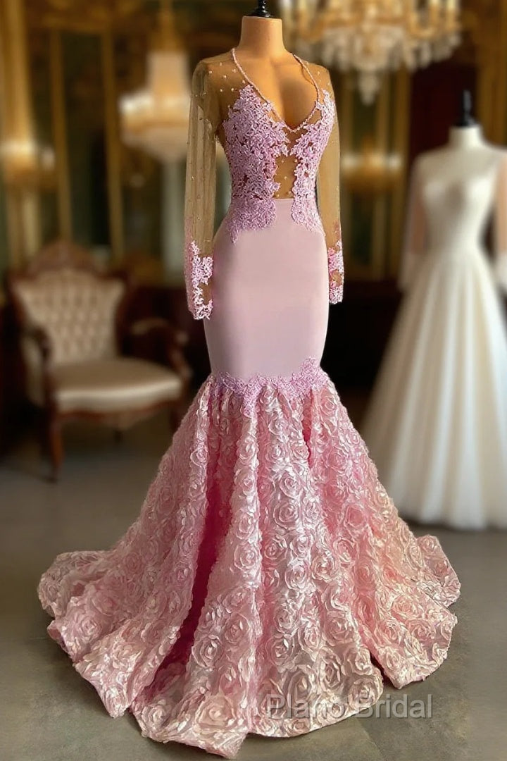 Pink Long Sleeves Lace Formal Prom Dresses Mermaid Tulle Formal Gown Main image
