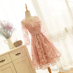 Pink Long Sleeves Lace Wedding Party Dress, Charming Party Dress