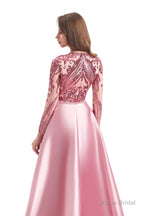 Long Sleeves Mermaid Detachable Train Prom Dresses with Train Sequined