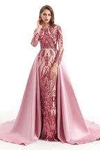 Long Sleeves Mermaid Detachable Train Prom Dresses with Train Sequined