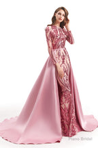 Long Sleeves Mermaid Detachable Train Prom Dresses with Train Sequined