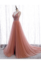 Pink Long Sparkle Beaded Tulle Slit Formal Prom Dresses,Pink V-Neckline Formal Evening Gown