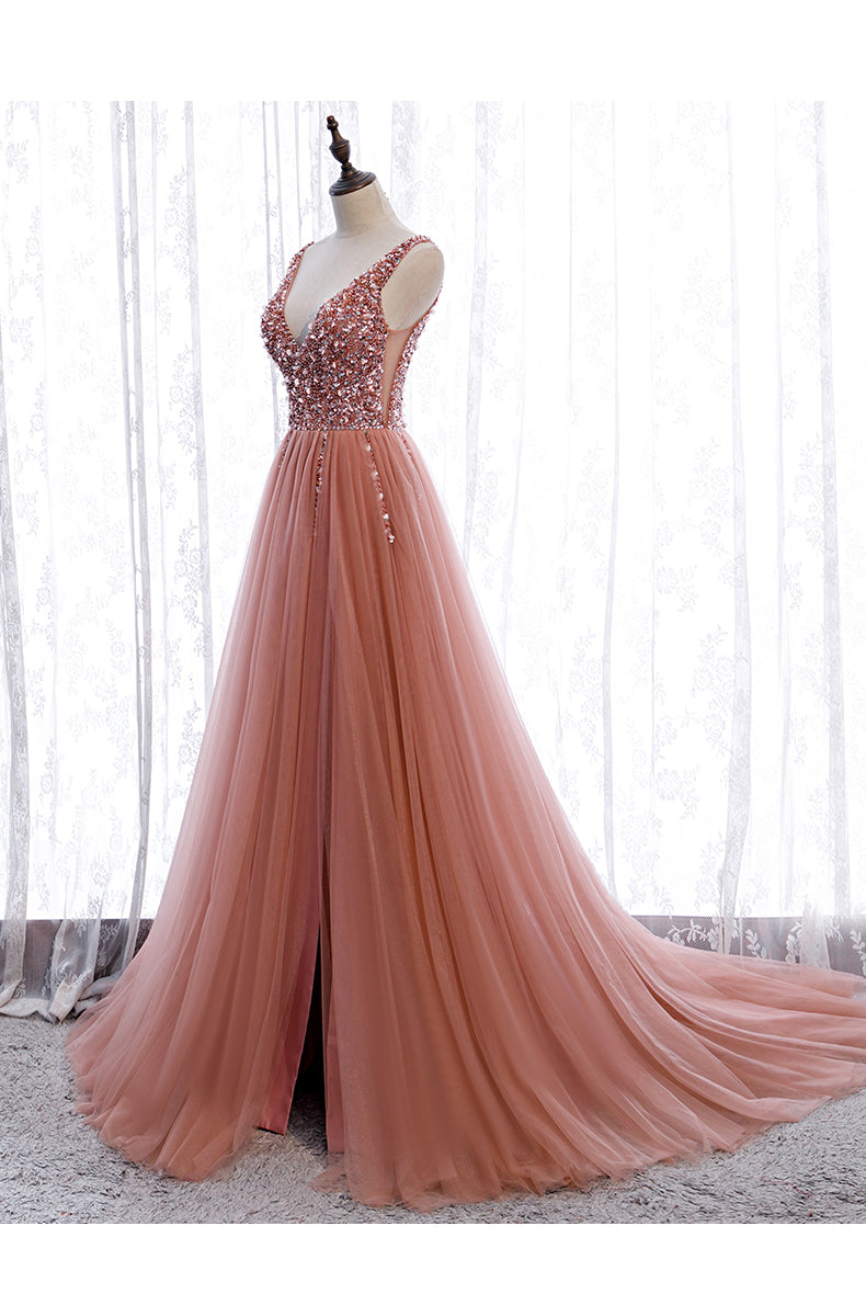 Pink Long Sparkle Beaded Tulle Slit Formal Prom Dresses,Pink V-Neckline Formal Evening Gown