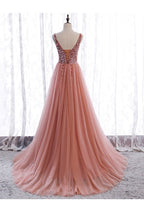 Pink Long Sparkle Beaded Tulle Slit Formal Prom Dresses,Pink V-Neckline Formal Evening Gown