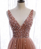 Pink Long Sparkle Beaded Tulle Slit Formal Prom Dresses,Pink V-Neckline Formal Evening Gown