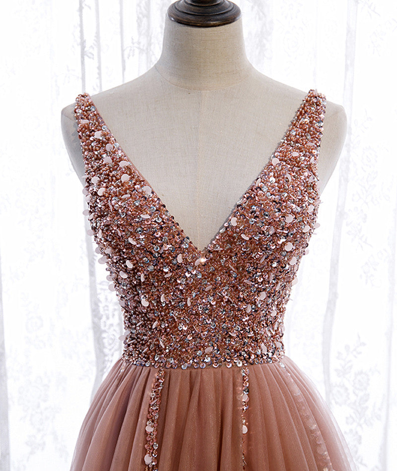 Pink Long Sparkle Beaded Tulle Slit Formal Prom Dresses,Pink V-Neckline Formal Evening Gown