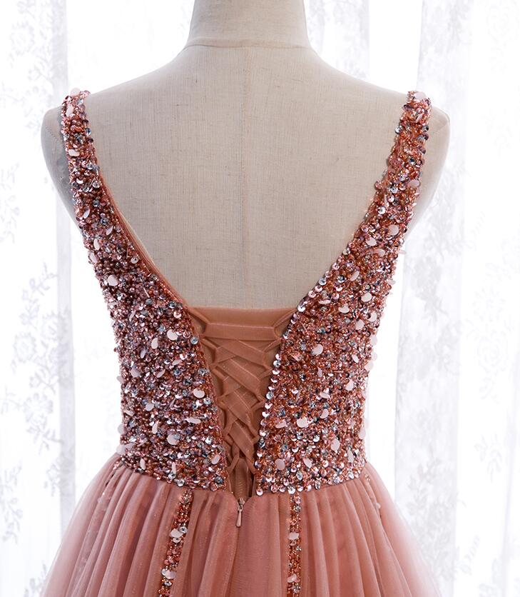 Pink Long Sparkle Beaded Tulle Slit Formal Prom Dresses,Pink V-Neckline Formal Evening Gown