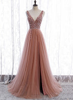 Pink Long Sparkle Beaded Tulle Slit Formal Prom Dresses,Pink V-Neckline Formal Evening Gown