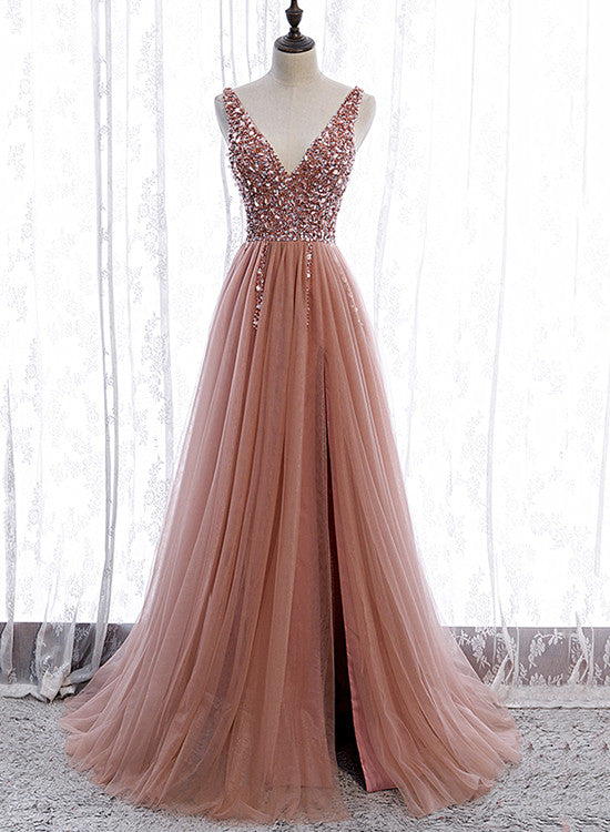 Pink Long Sparkle Beaded Tulle Slit Formal Prom Dresses,Pink V-Neckline Formal Evening Gown