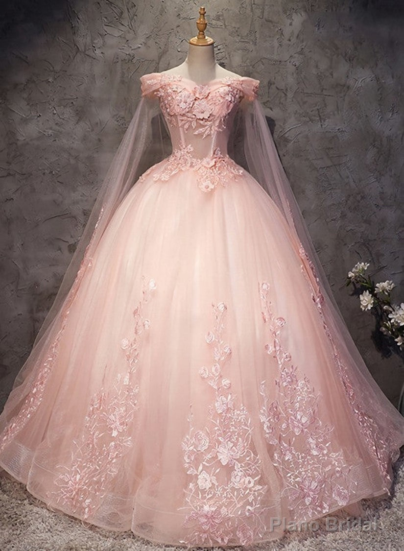 Pink Long Tulle with Lace Applique Ball Gown Sweet 16 Dresses, Pink Formal Dresses Secondary image
