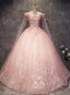Pink Long Tulle with Lace Applique Ball Gown Sweet 16 Dresses, Pink Formal Dresses