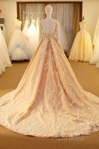 Pink Long Unique Round Neck Tulle Lace Applique Formal Prom Dresses
