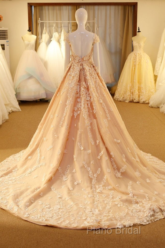 Pink Long Unique Round Neck Tulle Lace Applique Formal Prom Dresses