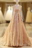 Pink Long Unique Round Neck Tulle Lace Applique Formal Prom Dresses