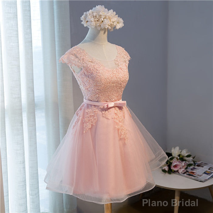 Pink Lovely Cap Sleeves Knee Length Formal Dress, Pink Tulle Prom Dress Main image