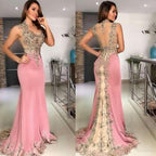 Pink Mermaid Applique Beaded Long Formal Prom Dresses