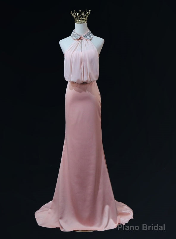 Pink Mermaid Halter Beading Backless Prom Dress Main image