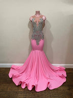 Pink Gorgeous Exquisite Beaded Elegant Stunning Mermaid Long Satin Floor Length Train Formal Prom Dresses Formal Evening Gown Party Dresses