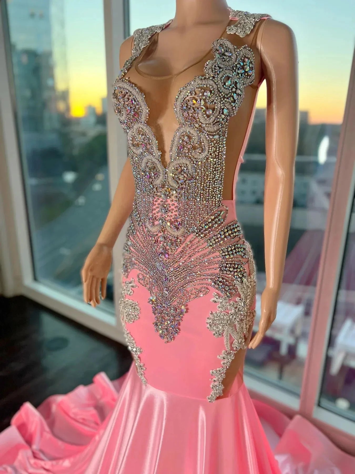 Pink Gorgeous Exquisite Beaded Elegant Stunning Mermaid Long Satin Floor Length Train Formal Prom Dresses Formal Evening Gown Party Dresses Secondary image
