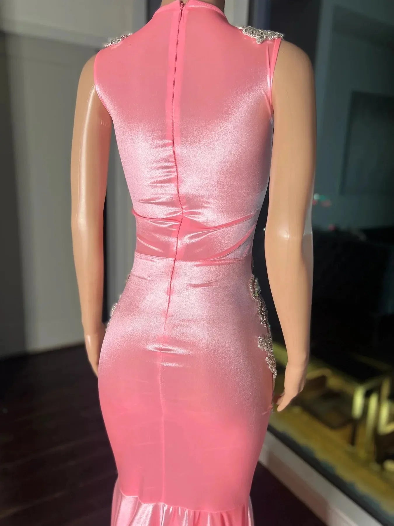 Pink Gorgeous Exquisite Beaded Elegant Stunning Mermaid Long Satin Floor Length Train Formal Prom Dresses Formal Evening Gown Party Dresses