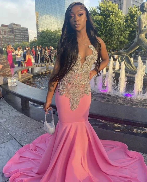 Pink Gorgeous Exquisite Beaded Elegant Stunning Mermaid Long Satin Floor Length Train Formal Prom Dresses Formal Evening Gown Party Dresses