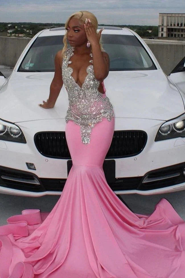 Pink Gorgeous Exquisite Beaded Elegant Stunning Mermaid Long Satin Floor Length Train Formal Prom Dresses Formal Evening Gown Party Dresses