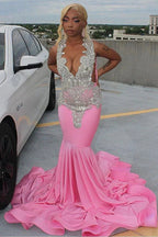 Pink Gorgeous Exquisite Beaded Elegant Stunning Mermaid Long Satin Floor Length Train Formal Prom Dresses Formal Evening Gown Party Dresses