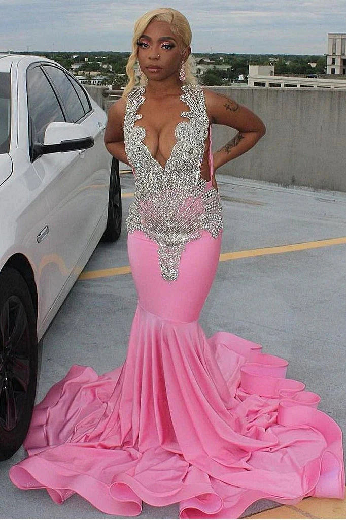 Pink Gorgeous Exquisite Beaded Elegant Stunning Mermaid Long Satin Floor Length Train Formal Prom Dresses Formal Evening Gown Party Dresses
